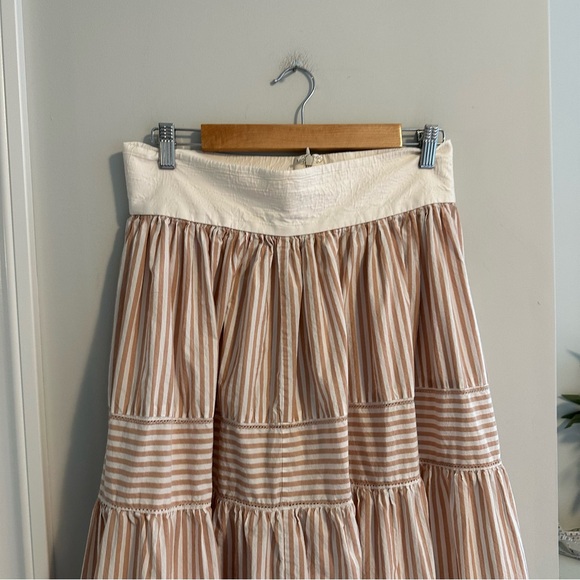 THE GREAT. Pink White Striped Cotton Tiered Maxi Skirt Small - Picture 6 of 10